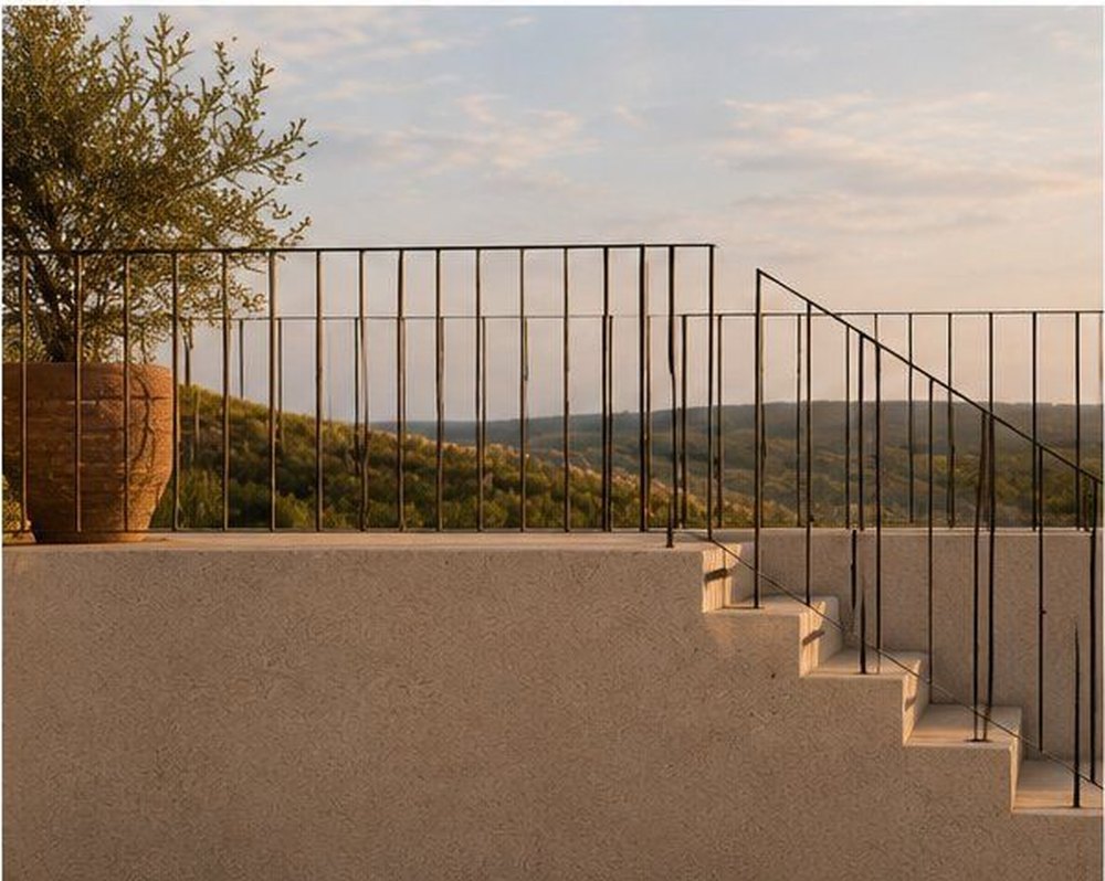 Olive tree and stone steps on the garden terraces, hills beyond