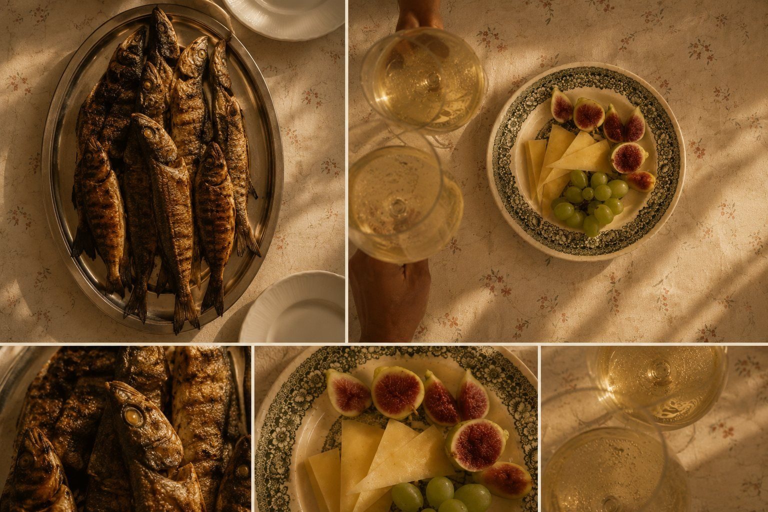 A table laid with olive oil, cheese, figs, bread and wine