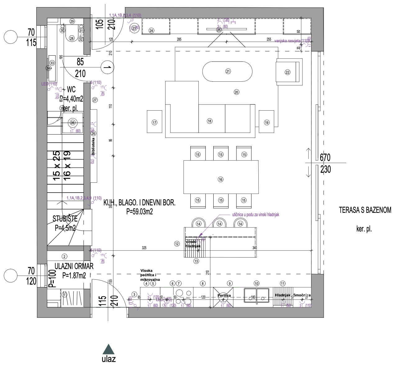 Ground floor plan: open kitchen, dining and living room of 59,03 m², entrance closet, WC and staircase, opening onto the terrace with pool